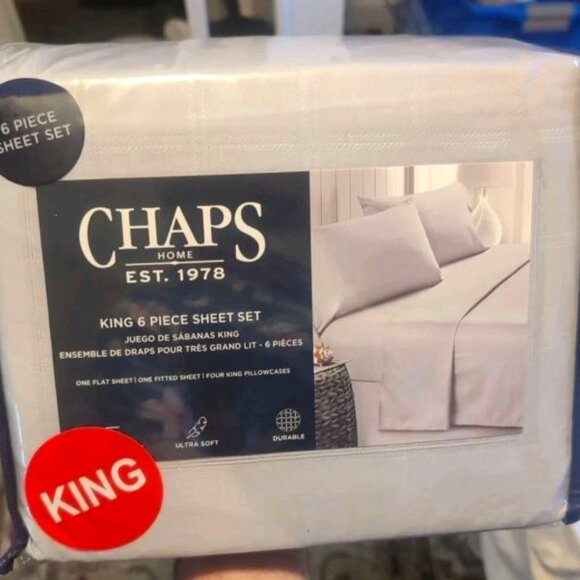 CHAPS by Ralph Lauren King Sheet Set w/4 Pillowcases Grey Textured Checkers - Picture 1 of 3